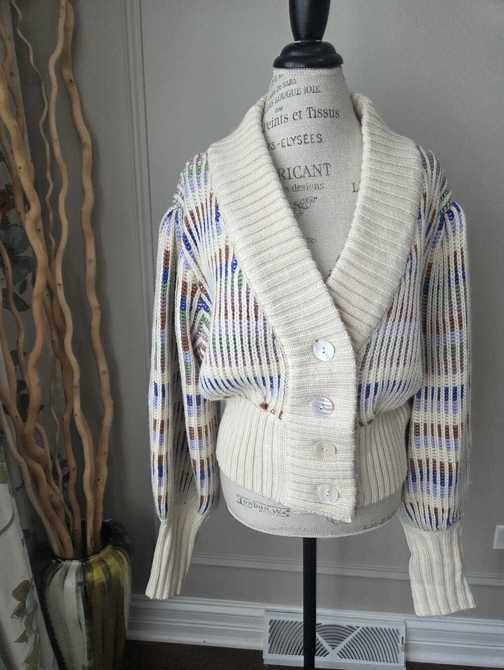 Farm Rio Bold Stitch Cream Multi-Striped V-Neck Button Cardigan Sweater Sz.M - Picture 1 of 12